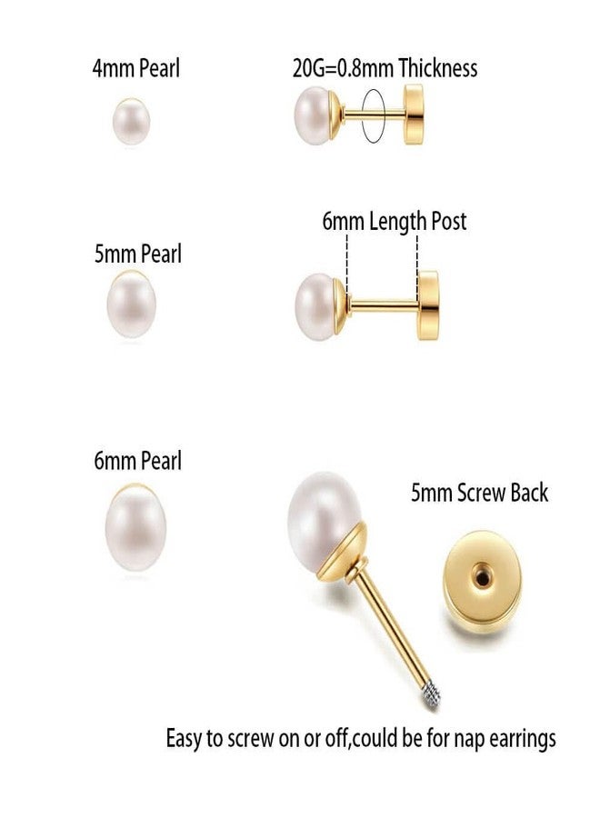 Renkovte Dainty Flat Screw Back Pearl Stud Earring Set for Multiple Piercing|3Pairs Pearl Earrings for Helix Tragus Cartilage Piercing for Women Girls|Secure Twist Back Sleep Earrings(4mm+5mm+6mm Pearl, Gold) - Image 2